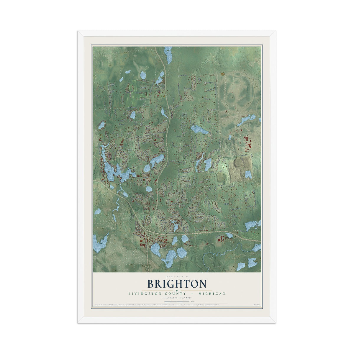 Map of Brighton, Livingston County, Michigan, 12 x 18 inch print in a white wood frame
