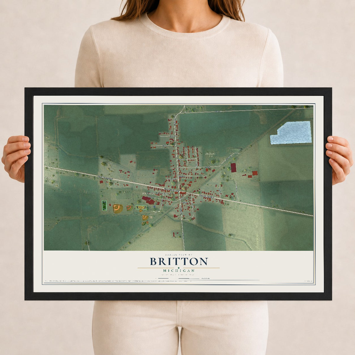 Map of Britton, Michigan, 12 x 18 inch print in a black wood frame