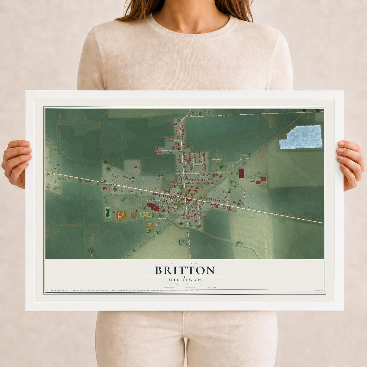 Map of Britton, Michigan, 12 x 18 inch print in a white wood frame
