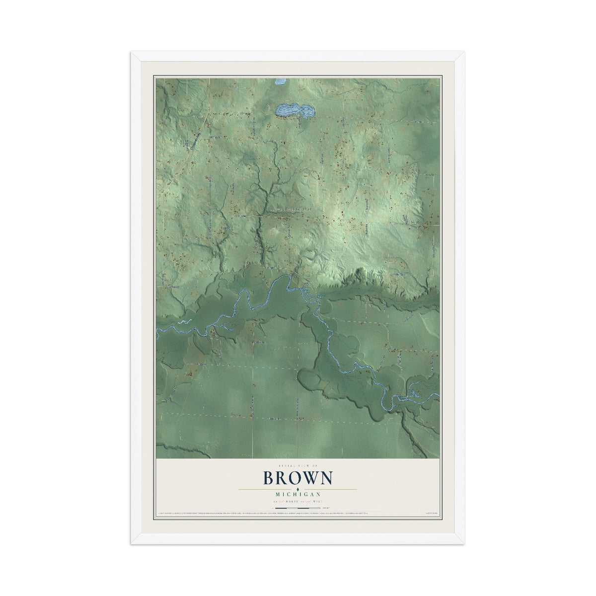Map of Brown, Michigan, 12 x 18 inch print in a white wood frame
