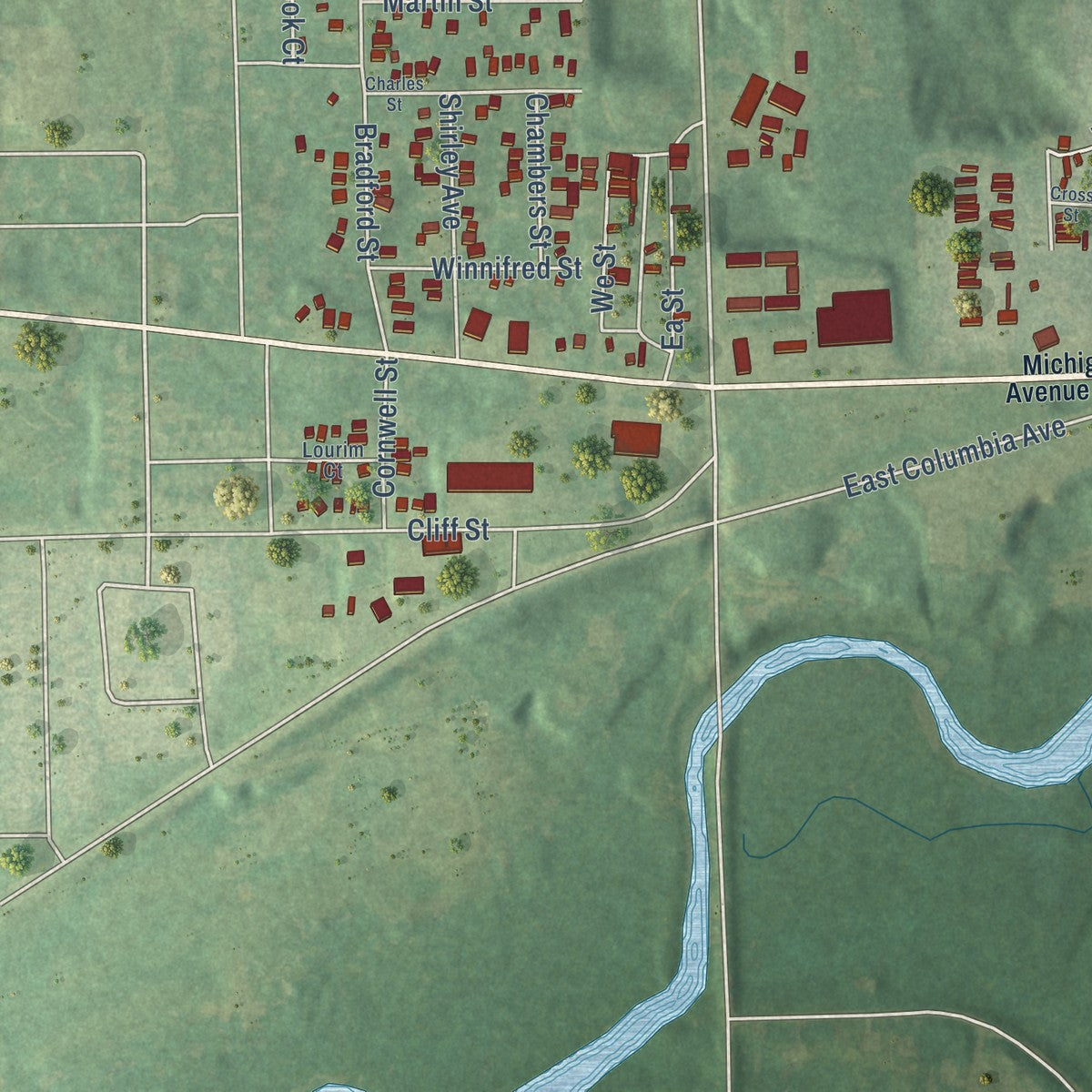 Close-up of the map of Brownlee Park, Michigan print showing street and building detail