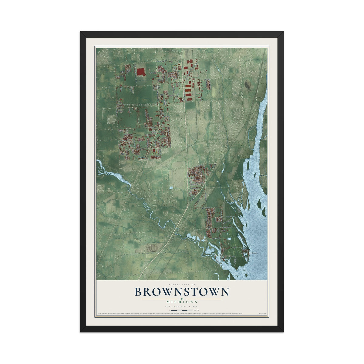 Map of Brownstown, Michigan, 12 x 18 inch print in a black wood frame