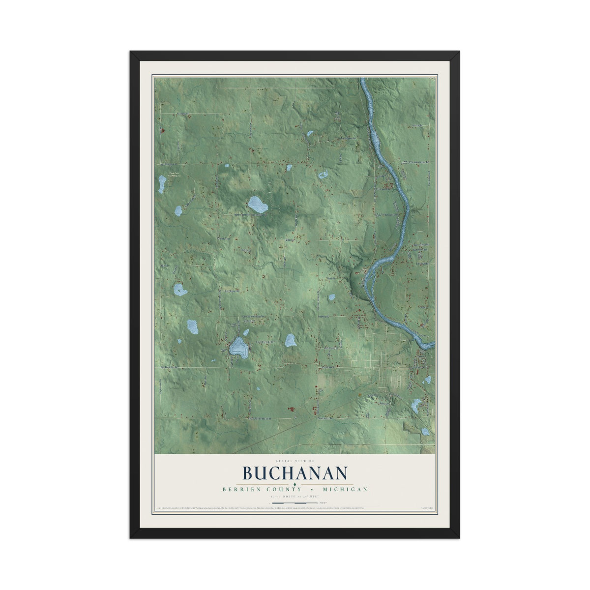 Map of Buchanan, Berrien County, Michigan, 12 x 18 inch print in a black wood frame