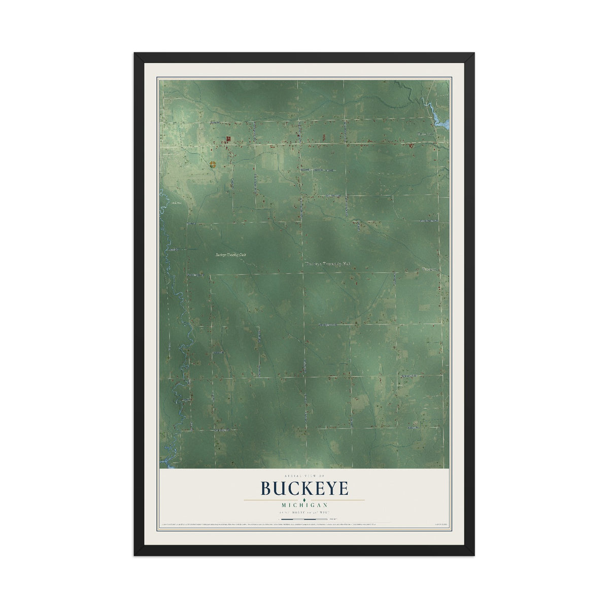 Map of Buckeye, Michigan, 12 x 18 inch print in a black wood frame