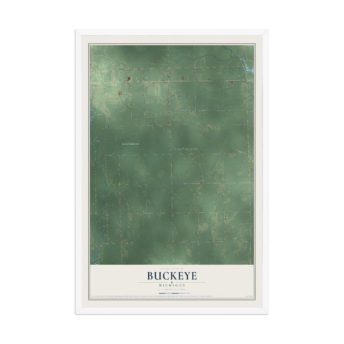 Map of Buckeye, Michigan, 12 x 18 inch print in a white wood frame