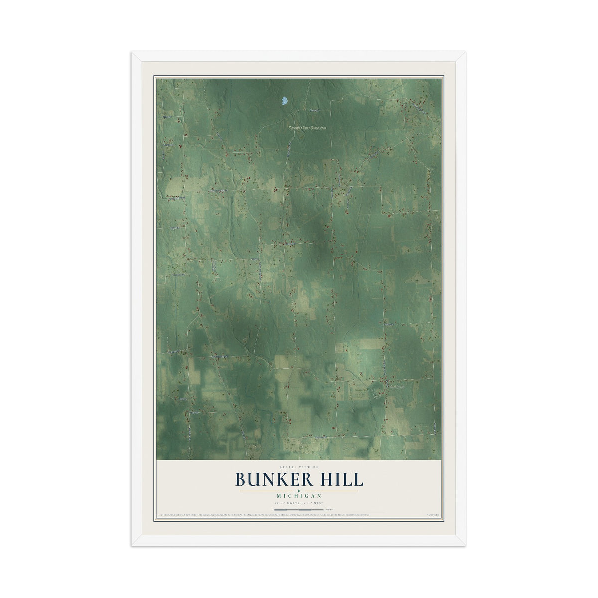 Map of Bunker Hill, Michigan, 12 x 18 inch print in a white wood frame