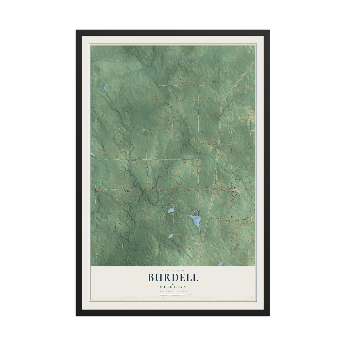 Map of Burdell, Michigan, 12 x 18 inch print in a black wood frame