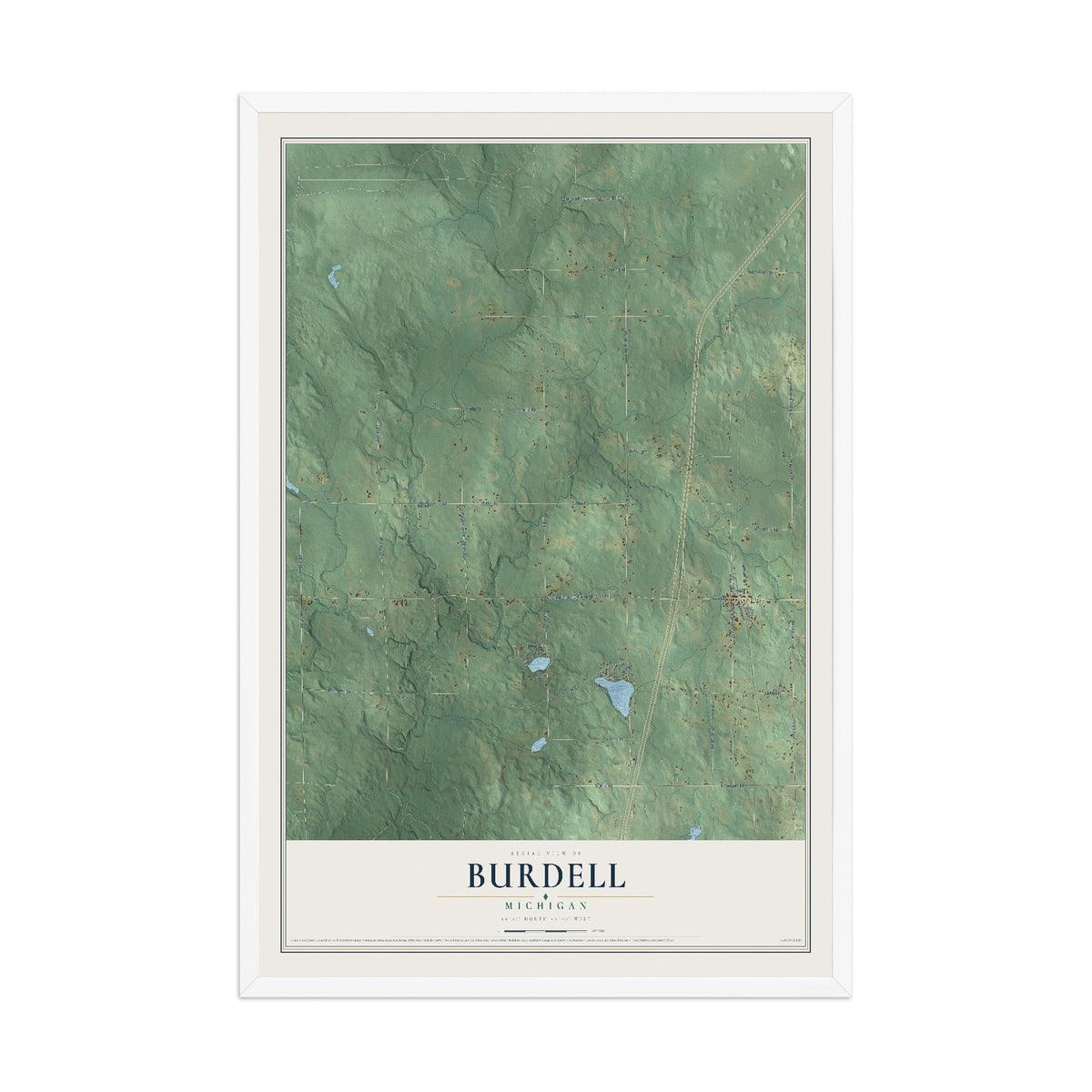 Map of Burdell, Michigan, 12 x 18 inch print in a white wood frame
