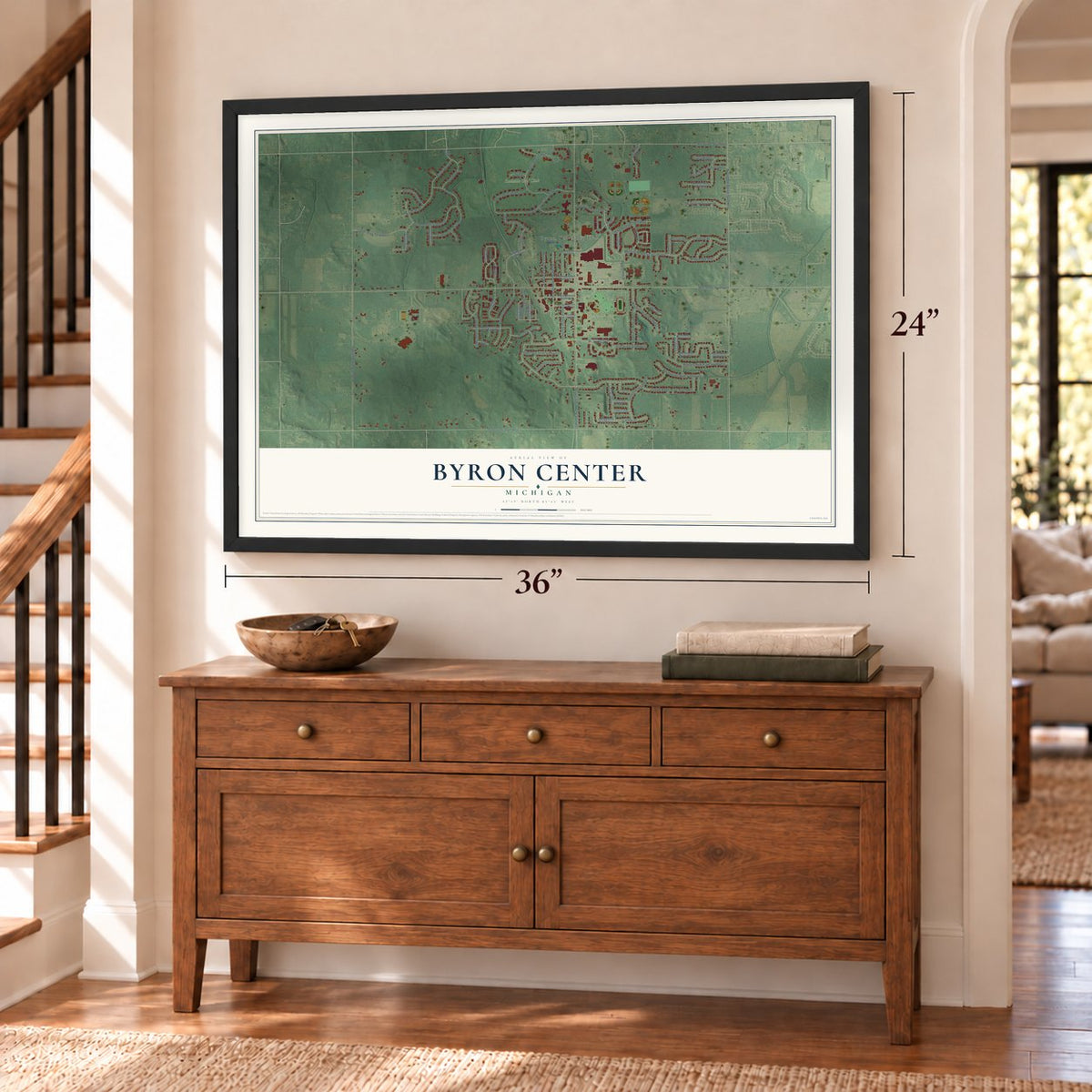 Byron Center, Michigan map, 24 x 36 inch print in a black frame above a dresser by a staircase