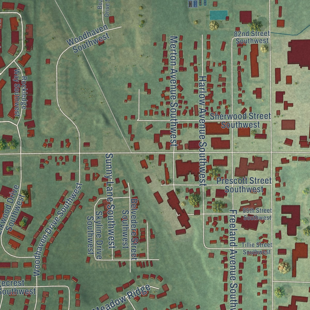 Close-up of the map of Byron Center, Michigan print showing street and building detail