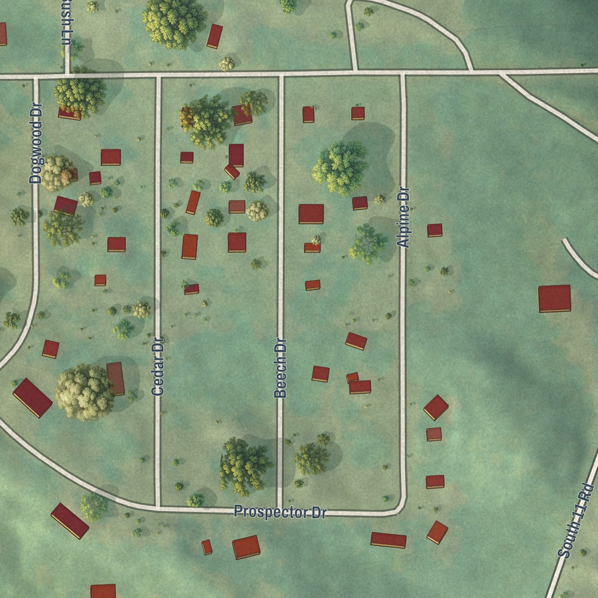 Close-up of the map of Caberfae, Michigan print showing street and building detail