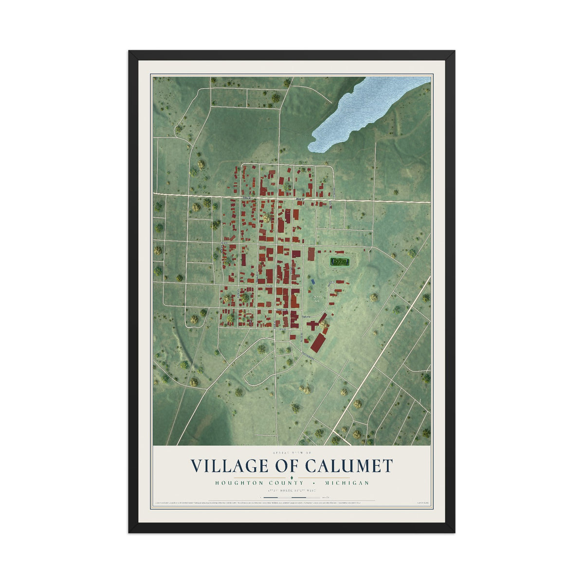 Map of Calumet, Michigan, 12 x 18 inch print in a black wood frame