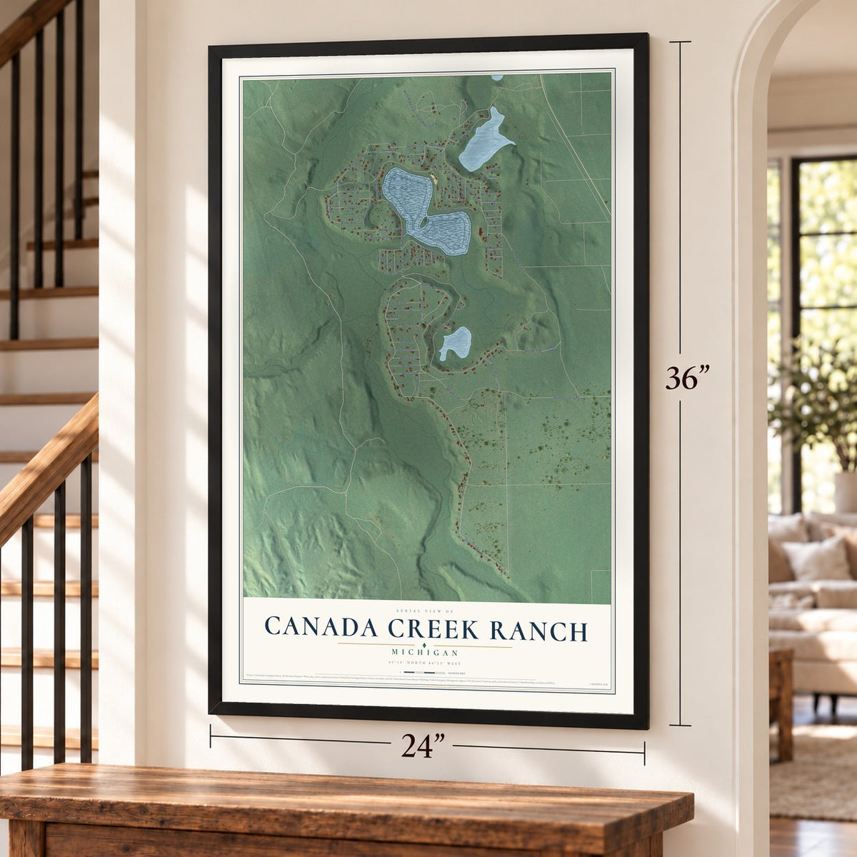 Canada Creek Ranch, Michigan map, 24 x 36 inch print in a black frame by a staircase