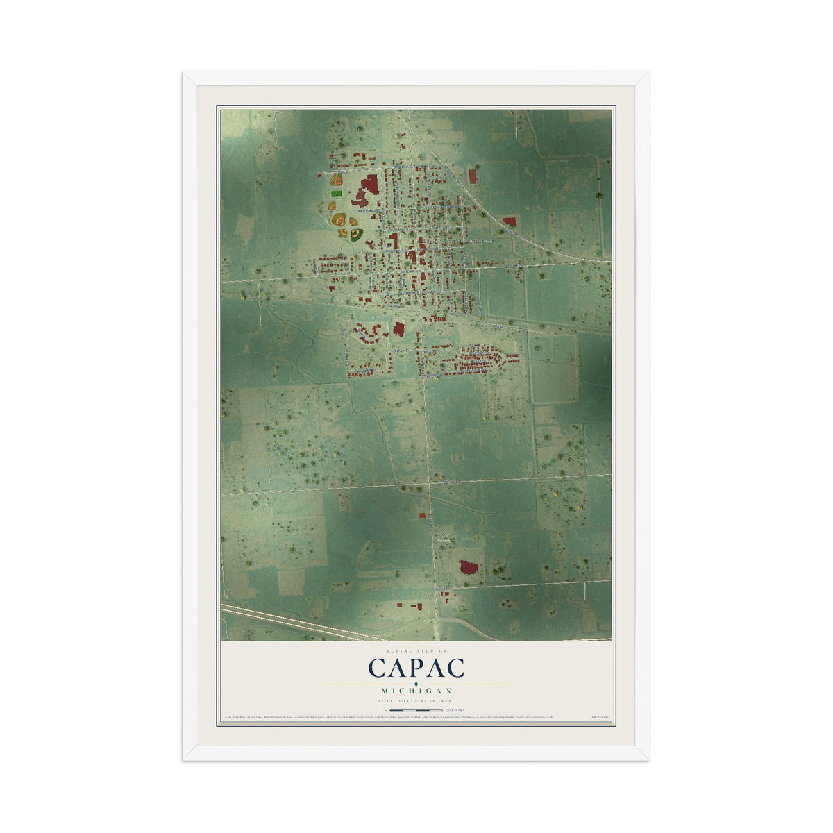 Map of Capac, Michigan, 12 x 18 inch print in a white wood frame