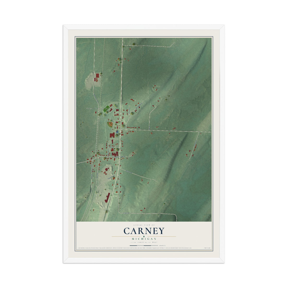 Map of Carney, Michigan, 12 x 18 inch print in a white wood frame