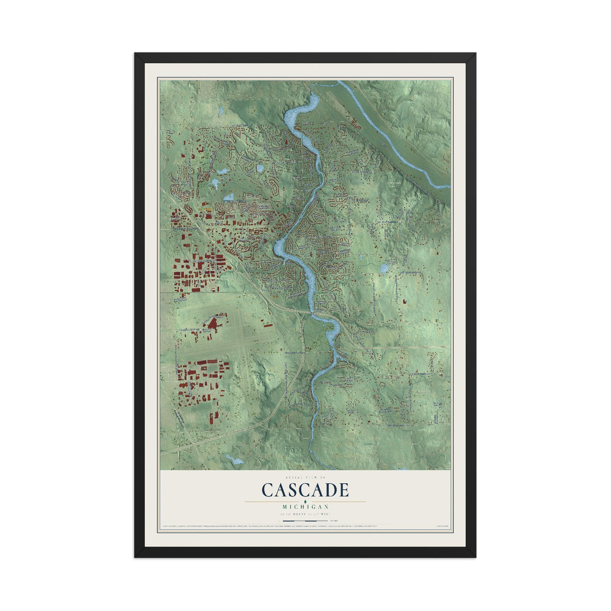Map of Cascade, Michigan, 12 x 18 inch print in a black wood frame