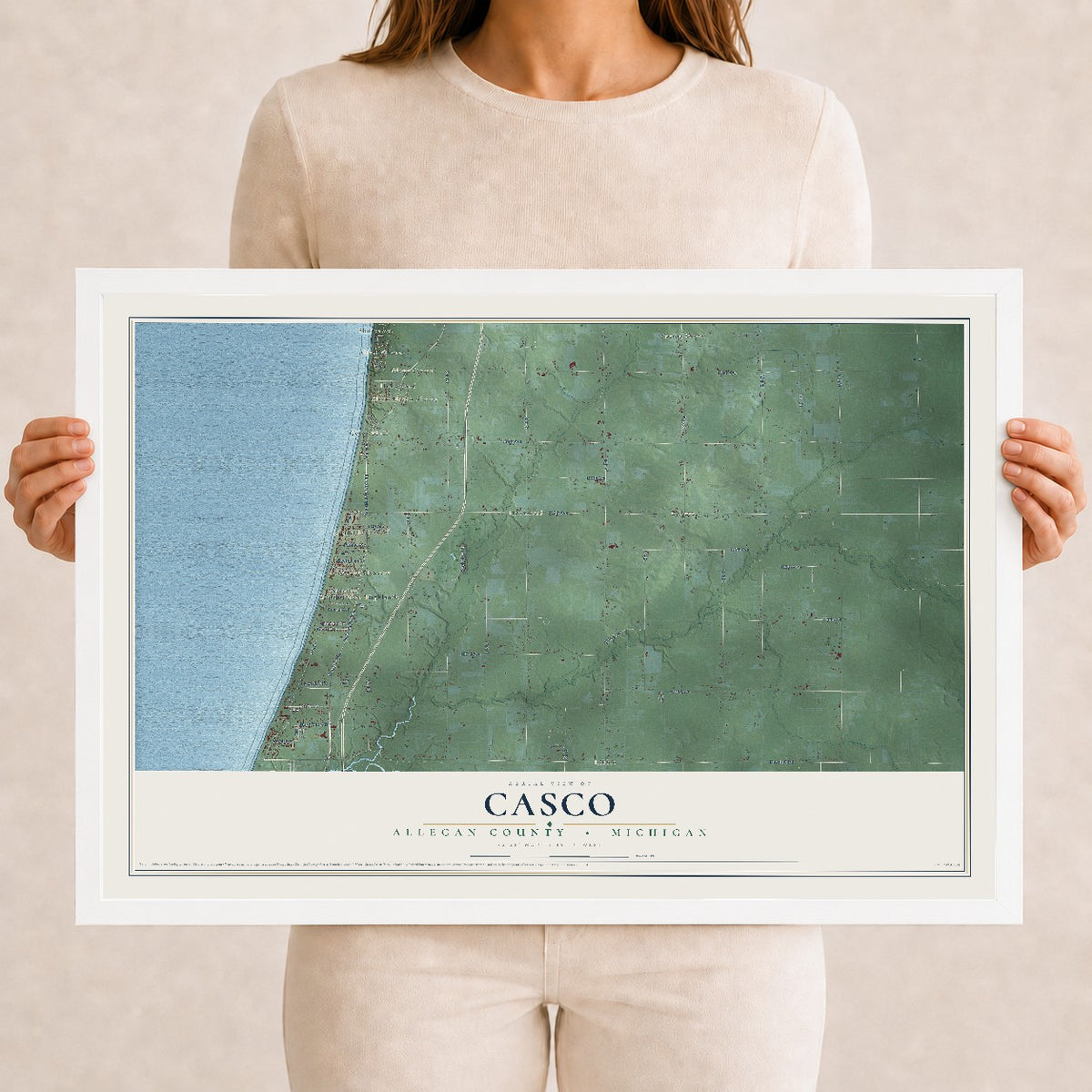 Map of Casco, Allegan County, Michigan, 12 x 18 inch print in a white wood frame