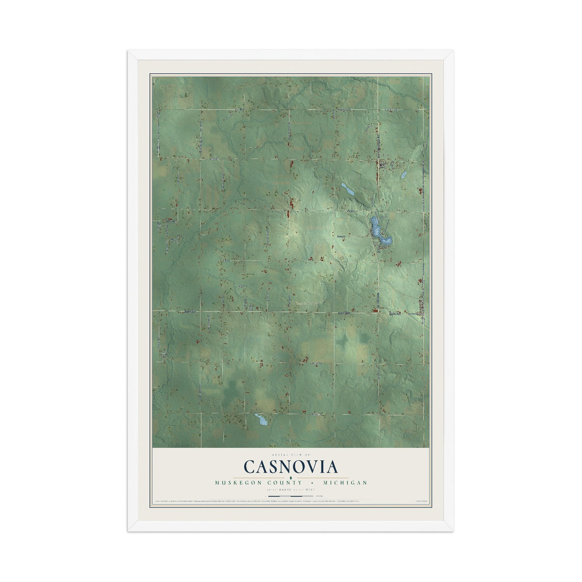 Map of Casnovia, Muskegon County, Michigan, 12 x 18 inch print in a white wood frame