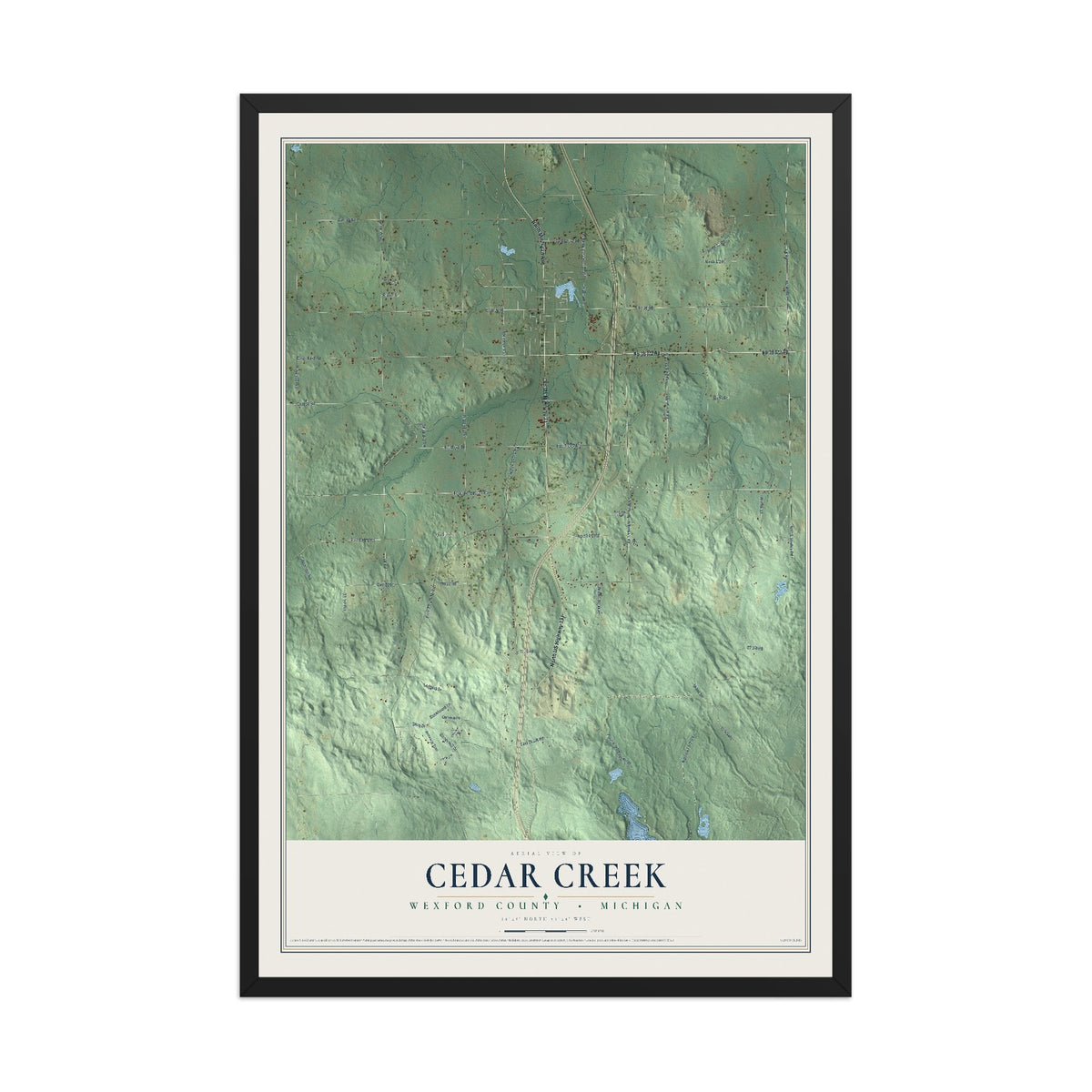 Map of Cedar Creek, Wexford County, Michigan, 12 x 18 inch print in a black wood frame