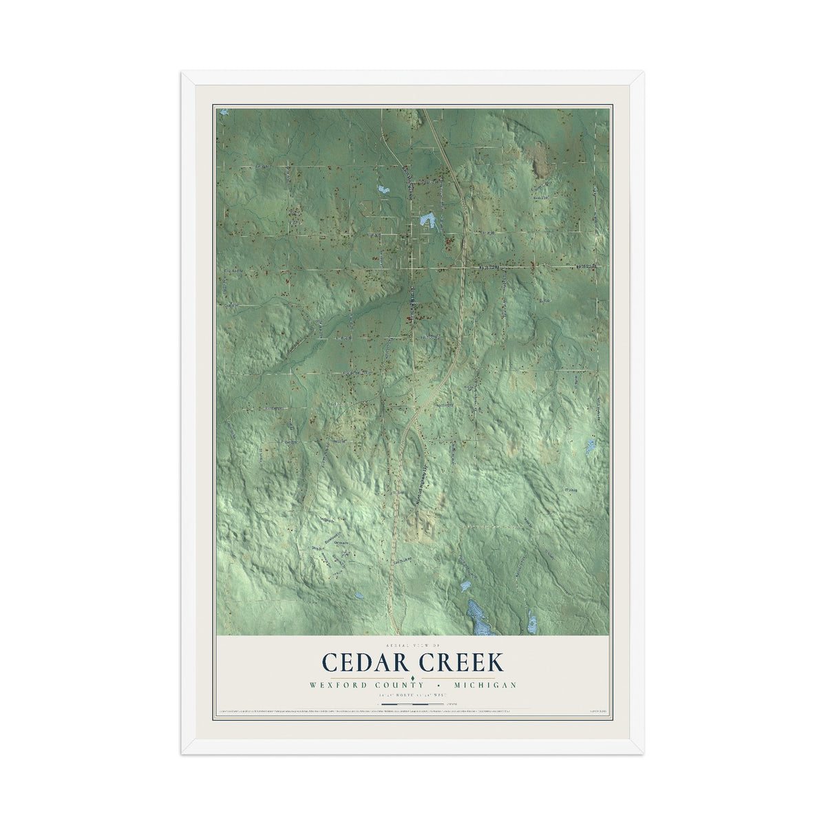 Map of Cedar Creek, Wexford County, Michigan, 12 x 18 inch print in a white wood frame