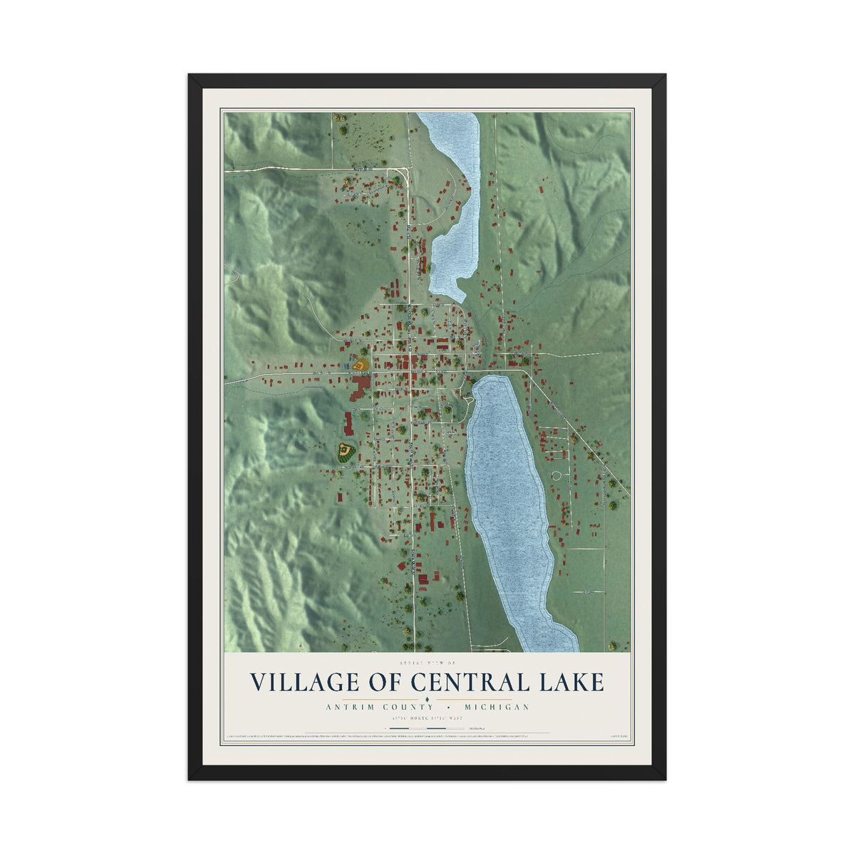 Map of Central Lake, Michigan, 12 x 18 inch print in a black wood frame