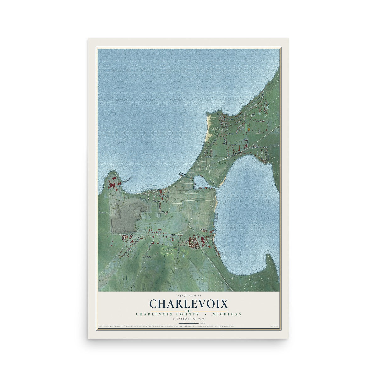 Map of Charlevoix, Charlevoix County, Michigan, 12 x 18 inch unframed archival matte print