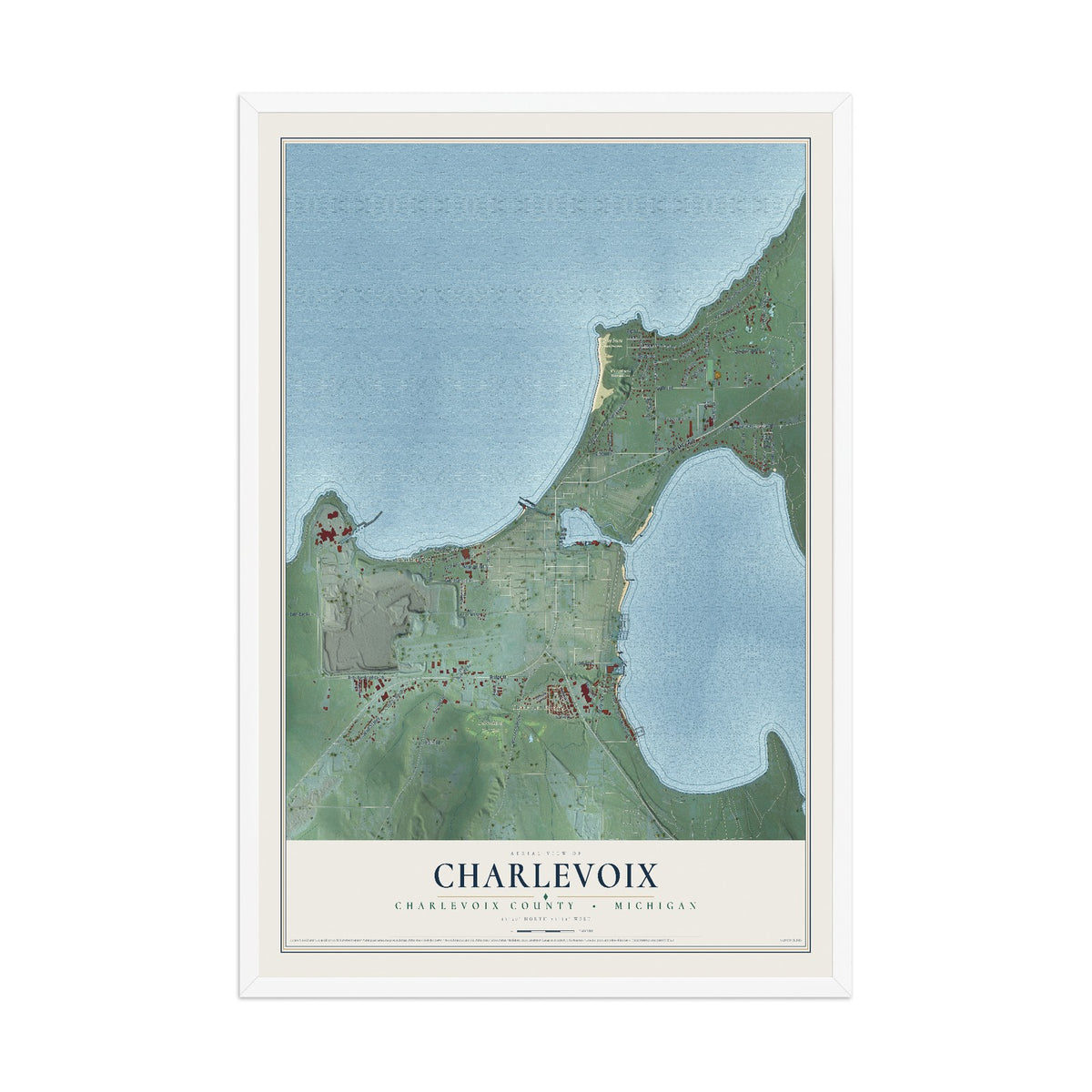 Map of Charlevoix, Charlevoix County, Michigan, 12 x 18 inch print in a white wood frame
