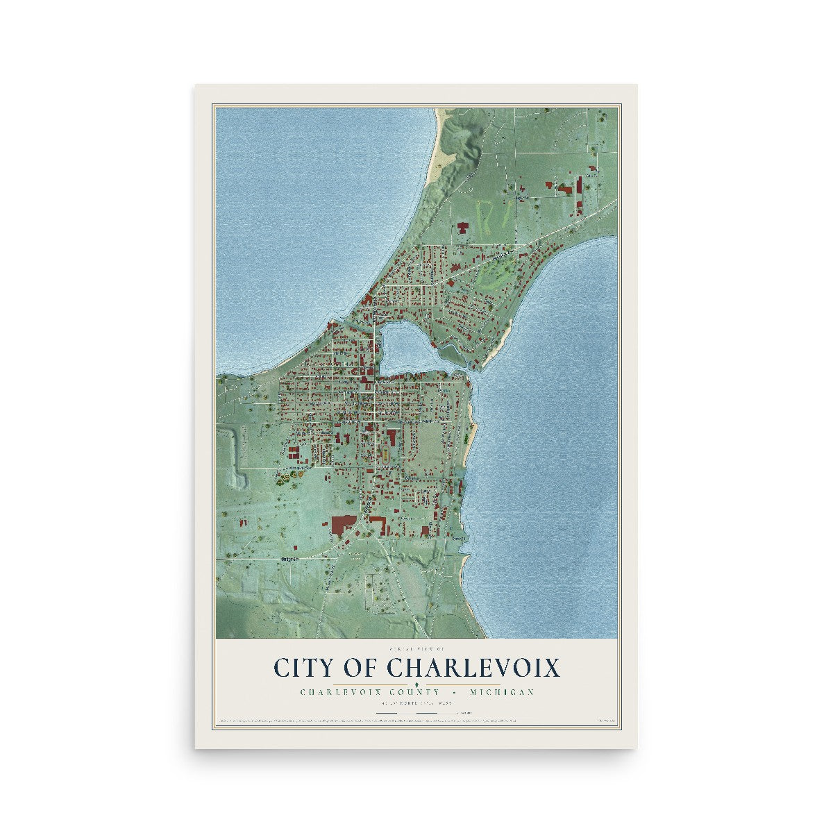 Map of Charlevoix, Michigan, 12 x 18 inch unframed archival matte print