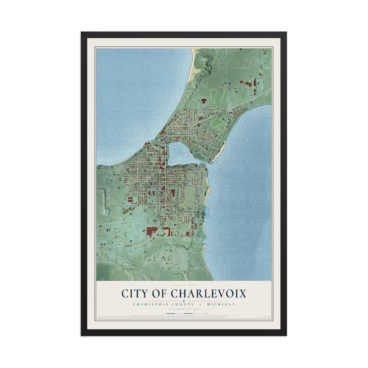Map of Charlevoix, Michigan, 12 x 18 inch print in a black wood frame
