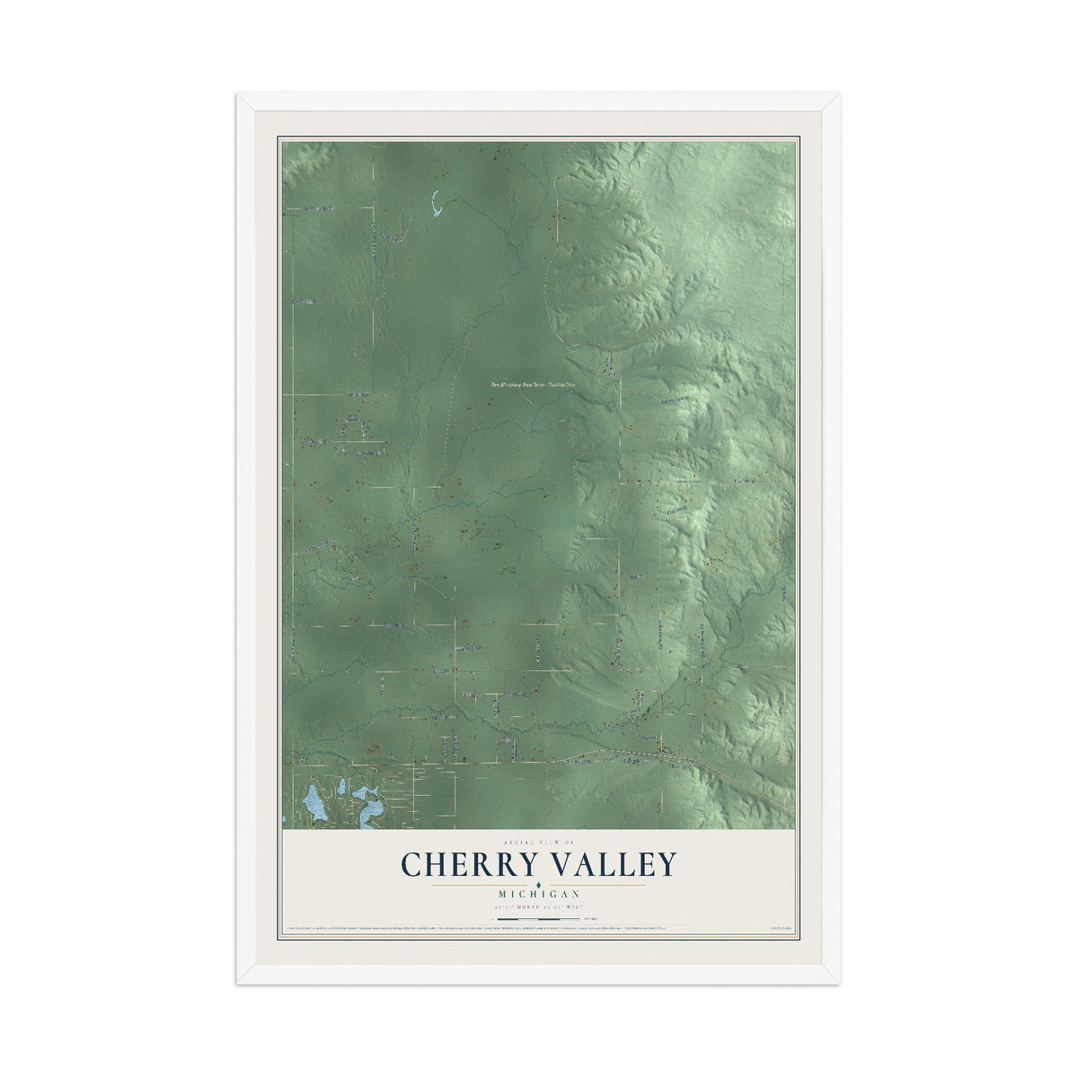 Map of Cherry Valley, Michigan, 12 x 18 inch print in a white wood frame