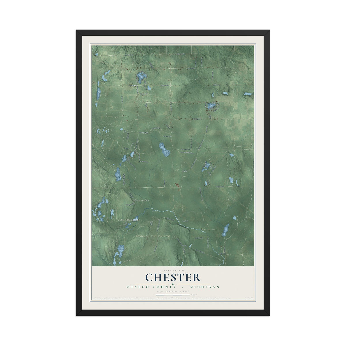 Map of Chester, Otsego County, Michigan, 12 x 18 inch print in a black wood frame