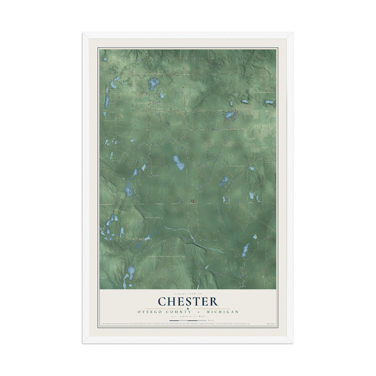 Map of Chester, Otsego County, Michigan, 12 x 18 inch print in a white wood frame