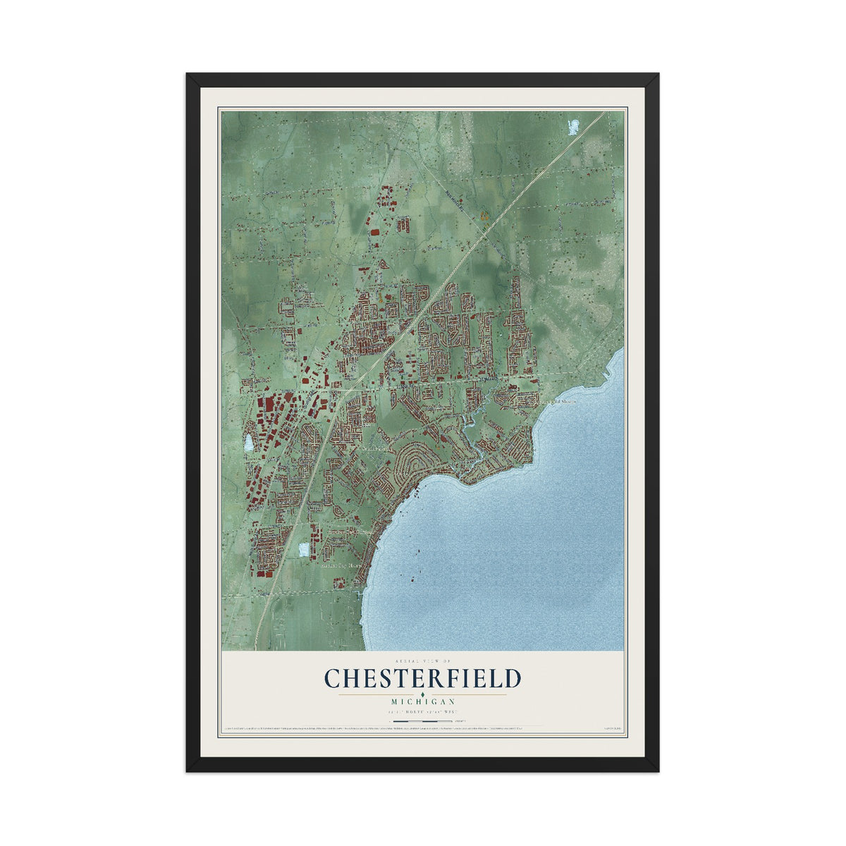 Map of Chesterfield, Michigan, 12 x 18 inch print in a black wood frame
