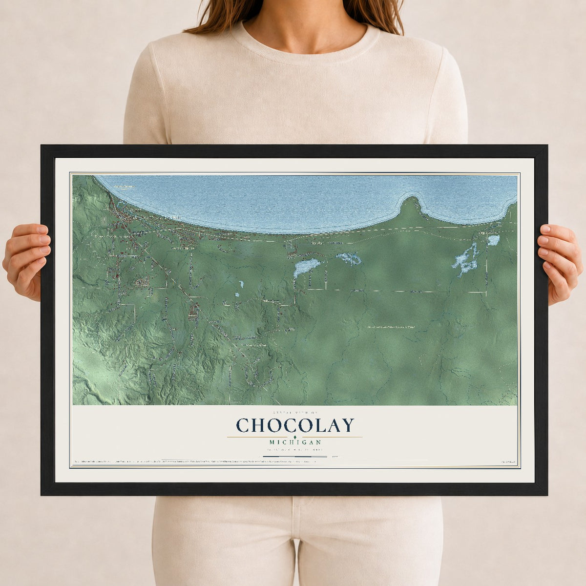Map of Chocolay, Michigan, 12 x 18 inch print in a black wood frame
