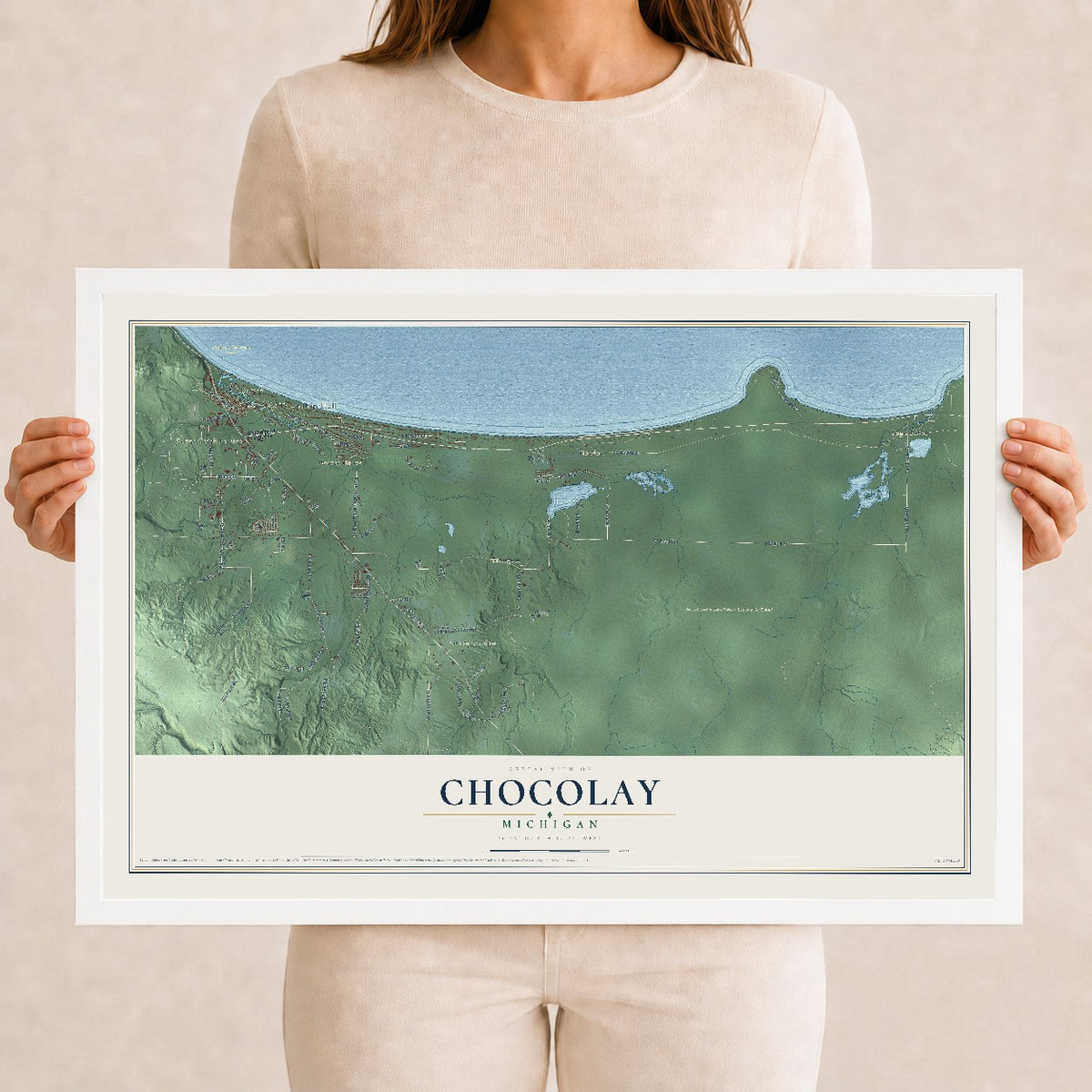 Map of Chocolay, Michigan, 12 x 18 inch print in a white wood frame