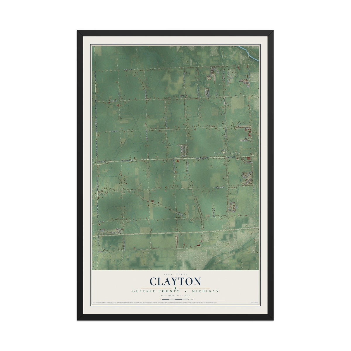 Map of Clayton, Genesee County, Michigan, 12 x 18 inch print in a black wood frame