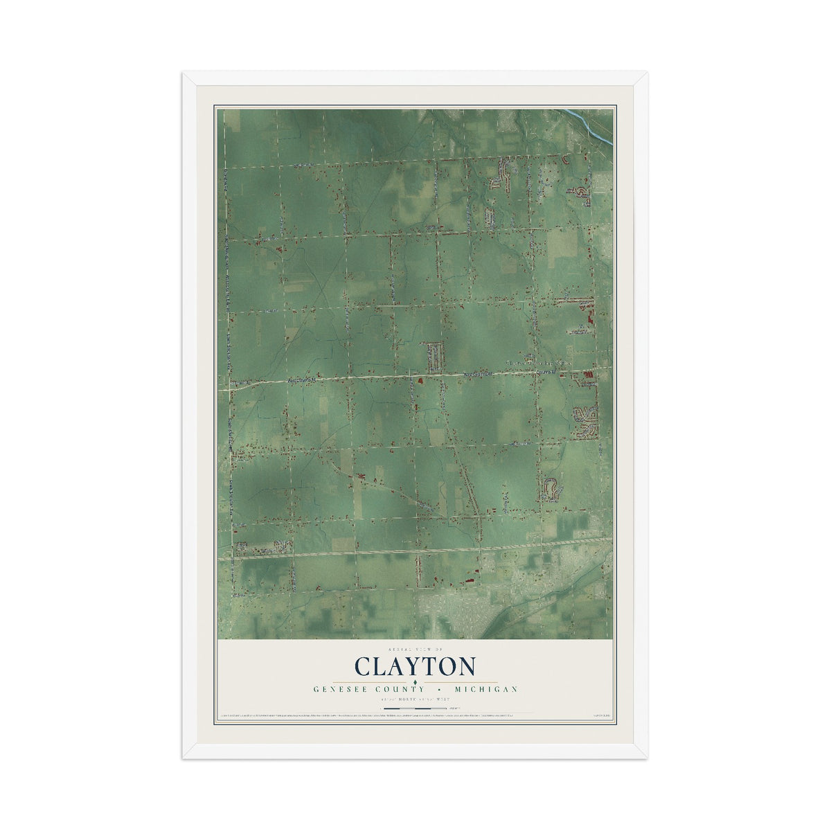 Map of Clayton, Genesee County, Michigan, 12 x 18 inch print in a white wood frame