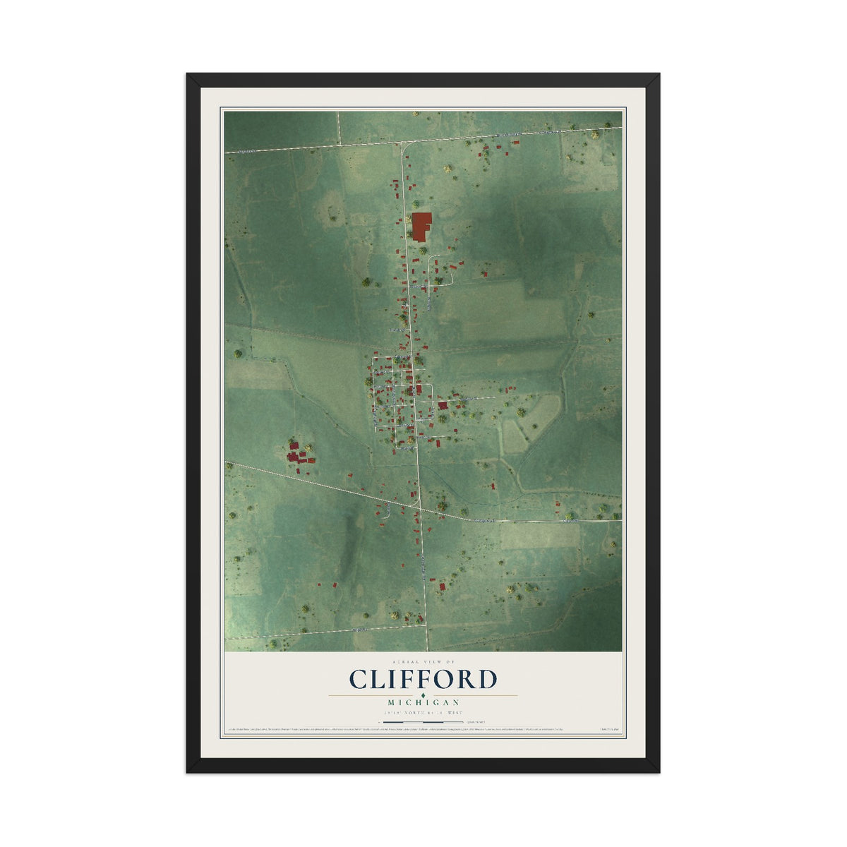 Map of Clifford, Michigan, 12 x 18 inch print in a black wood frame