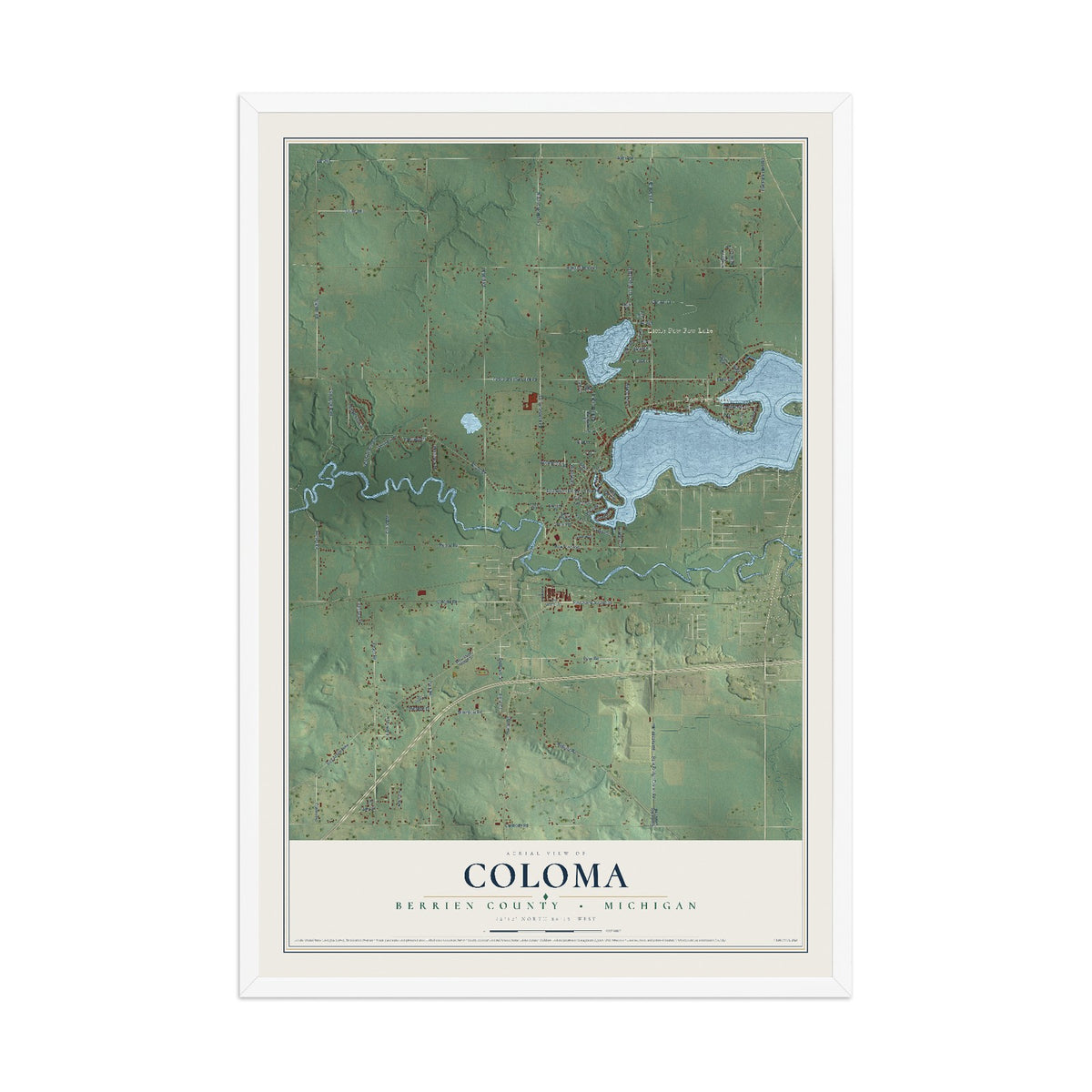 Map of Coloma, Berrien County, Michigan, 12 x 18 inch print in a white wood frame