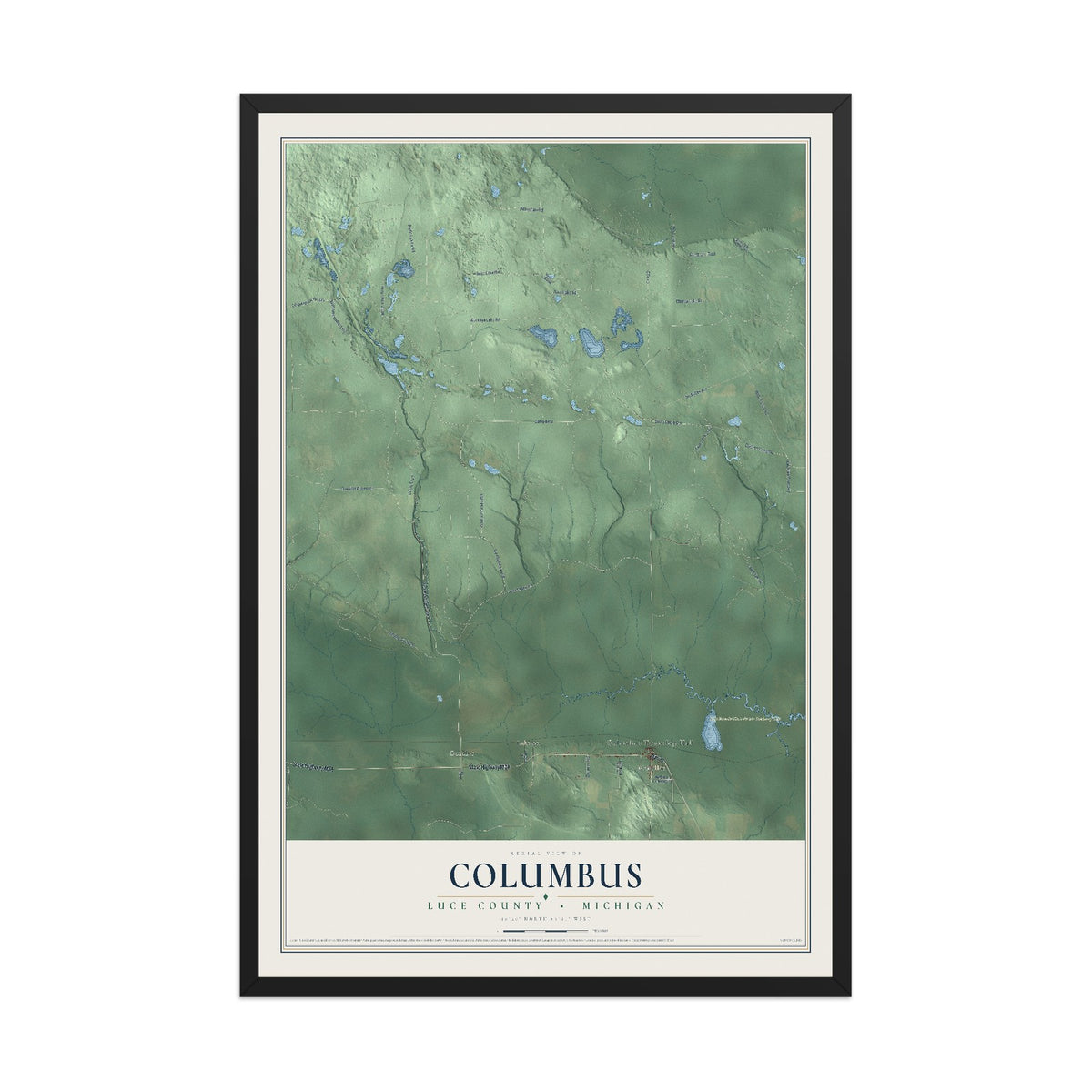 Map of Columbus, Luce County, Michigan, 12 x 18 inch print in a black wood frame