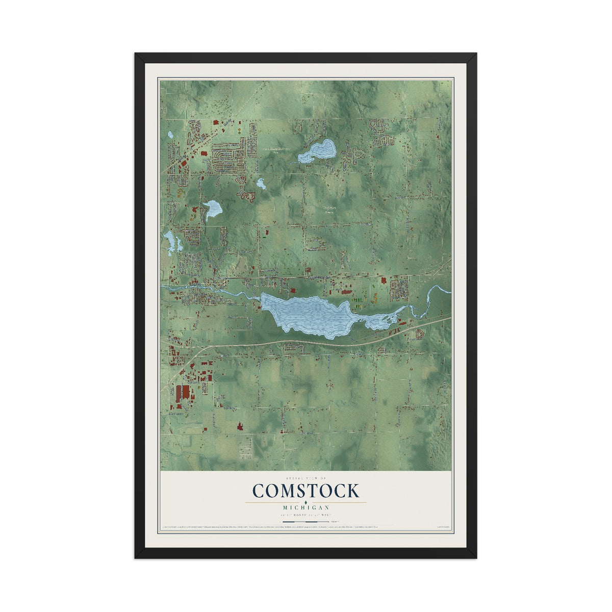 Map of Comstock, Michigan, 12 x 18 inch print in a black wood frame
