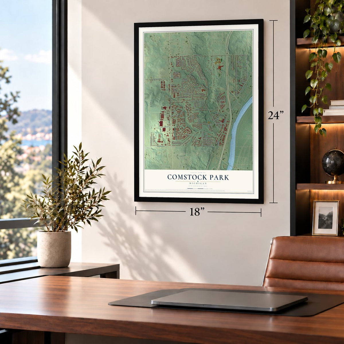 Comstock Park, Michigan map, 18 x 24 inch print in a black frame in a home office