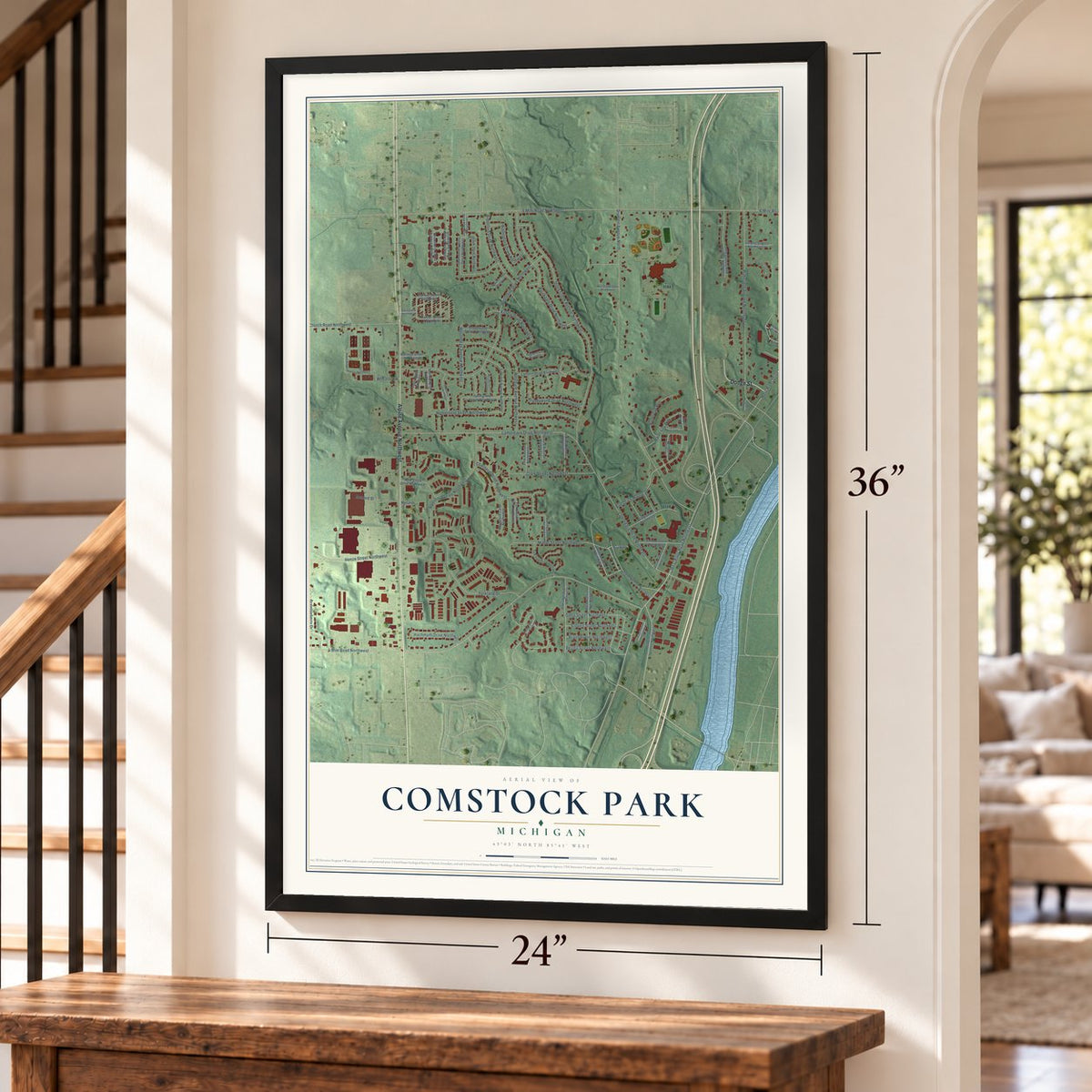 Comstock Park, Michigan map, 24 x 36 inch print in a black frame by a staircase