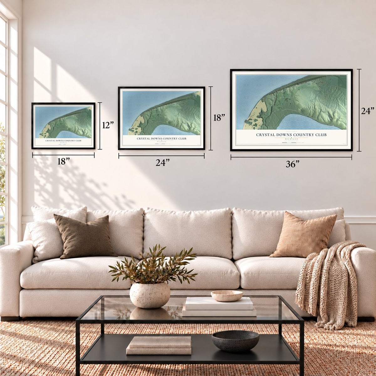Crystal Downs Country Club, Michigan map in 12 x 18, 18 x 24 and 24 x 36 inch sizes above a sofa
