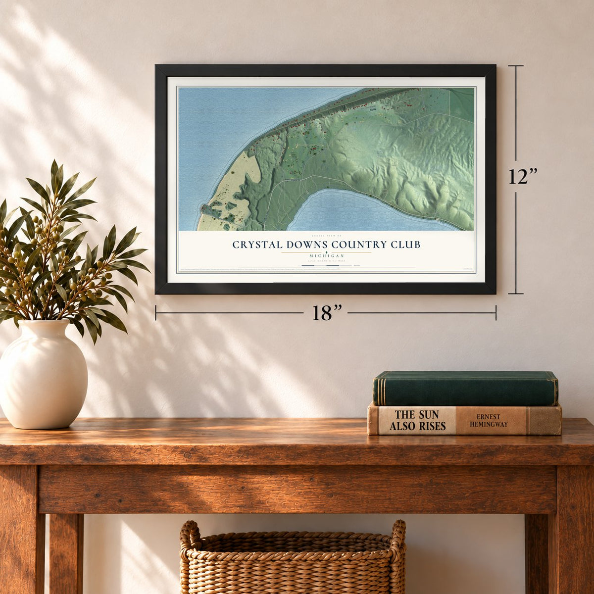 Crystal Downs Country Club, Michigan map, 12 x 18 inch print in a black frame in an entryway