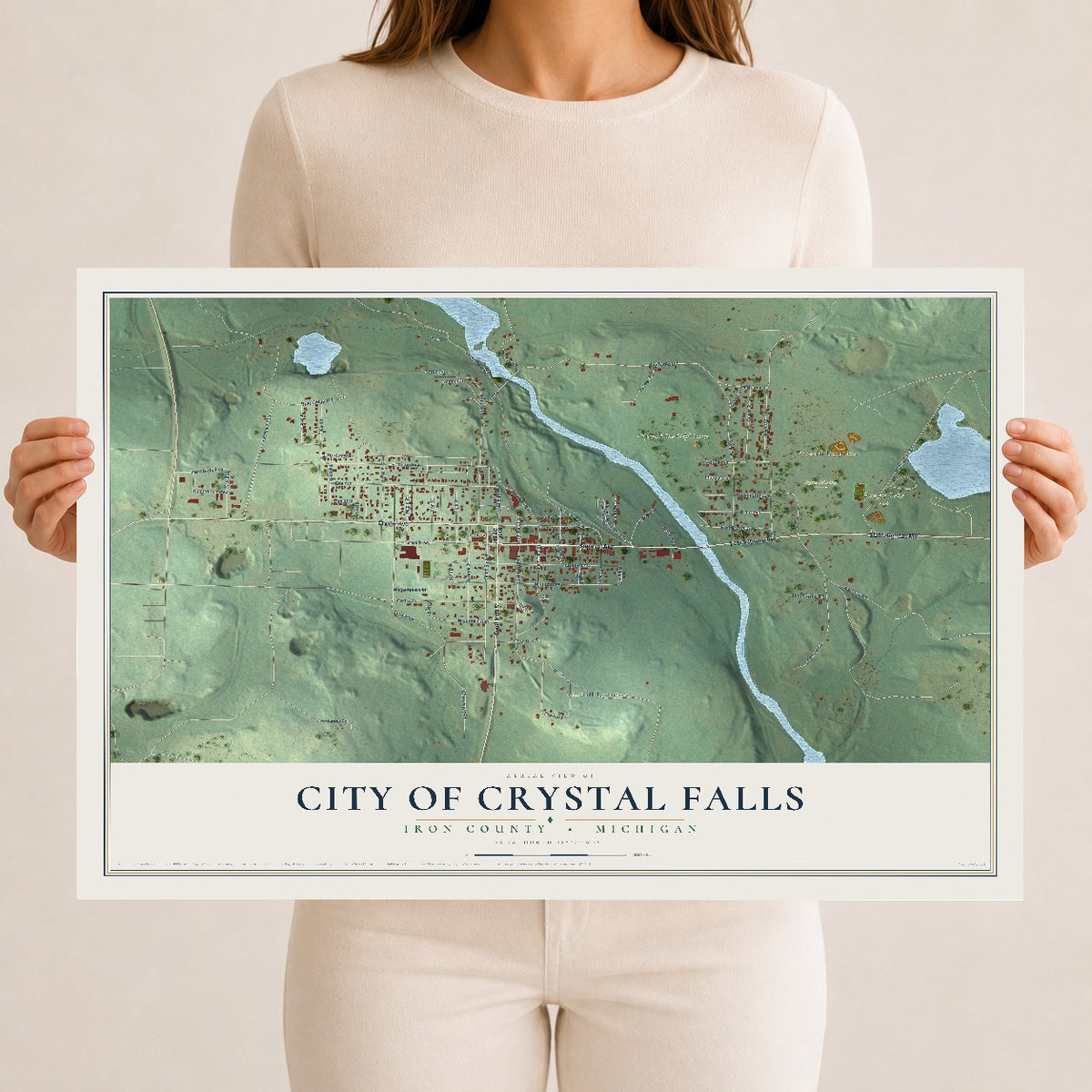Map of Crystal Falls, Michigan, 12 x 18 inch unframed archival matte print