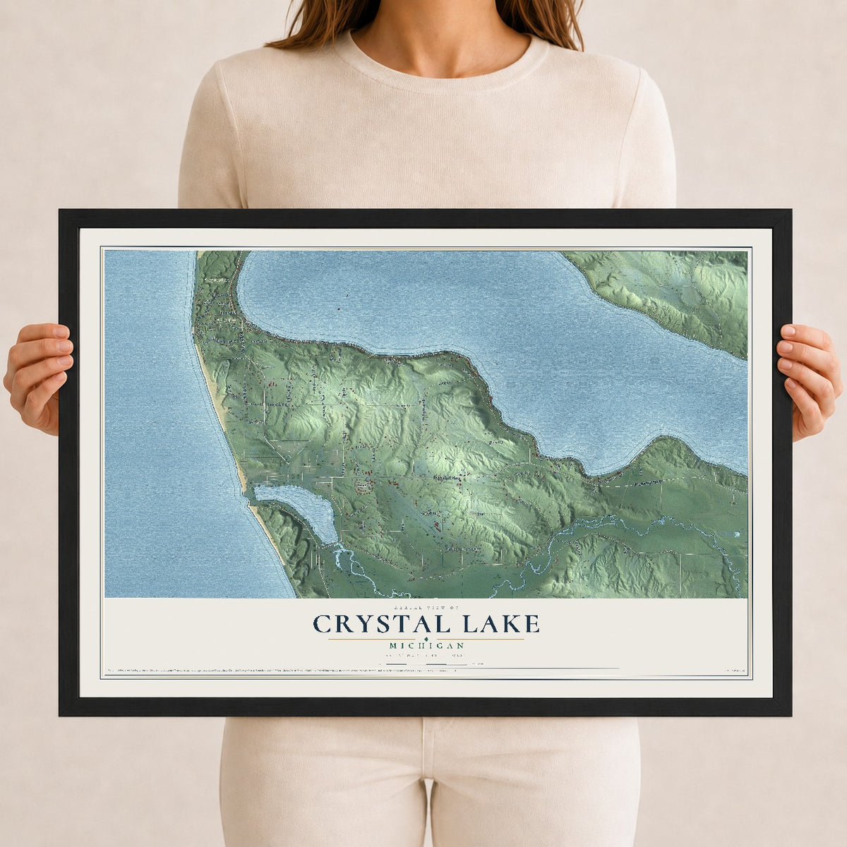 Map of Crystal Lake, Michigan, 12 x 18 inch print in a black wood frame