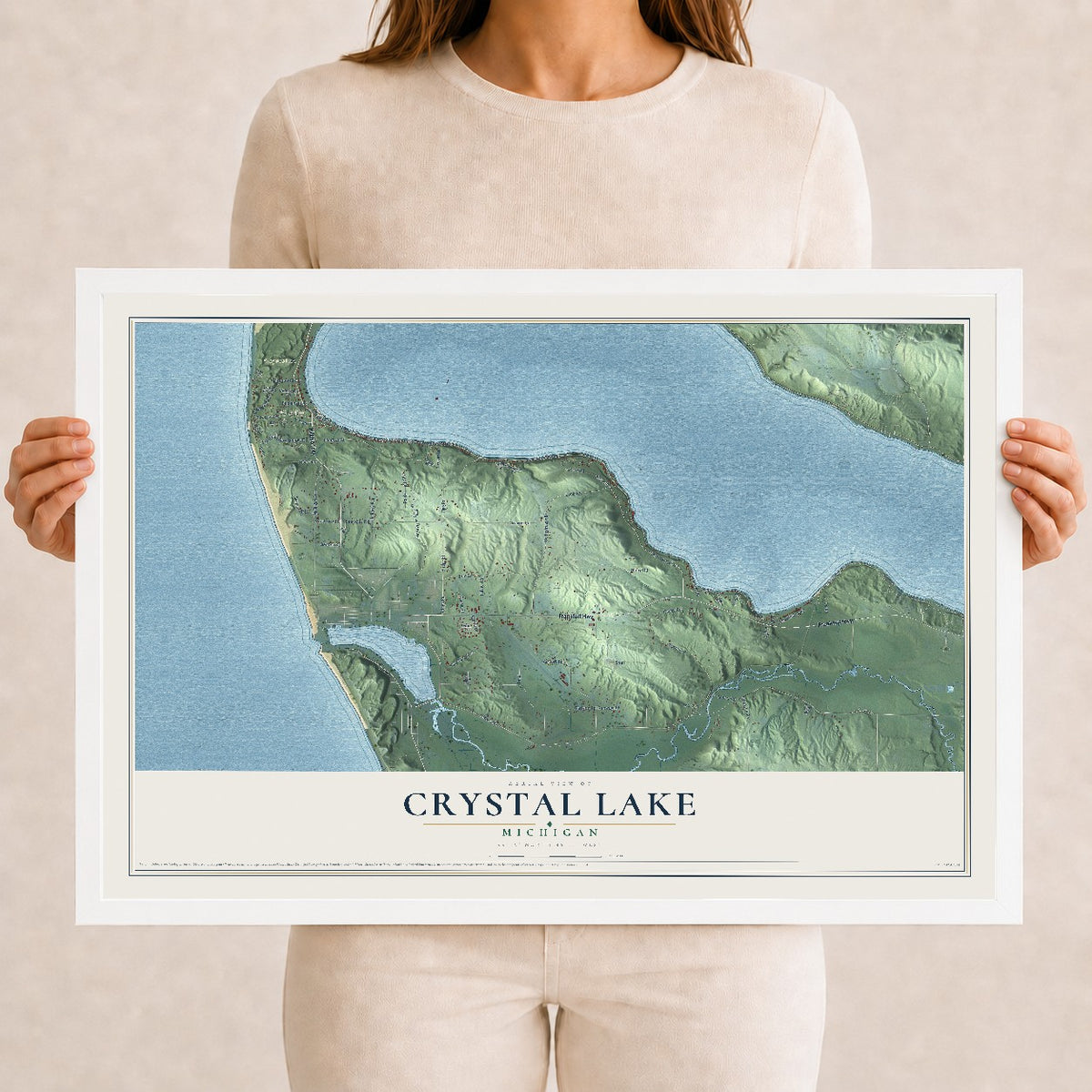 Map of Crystal Lake, Michigan, 12 x 18 inch print in a white wood frame