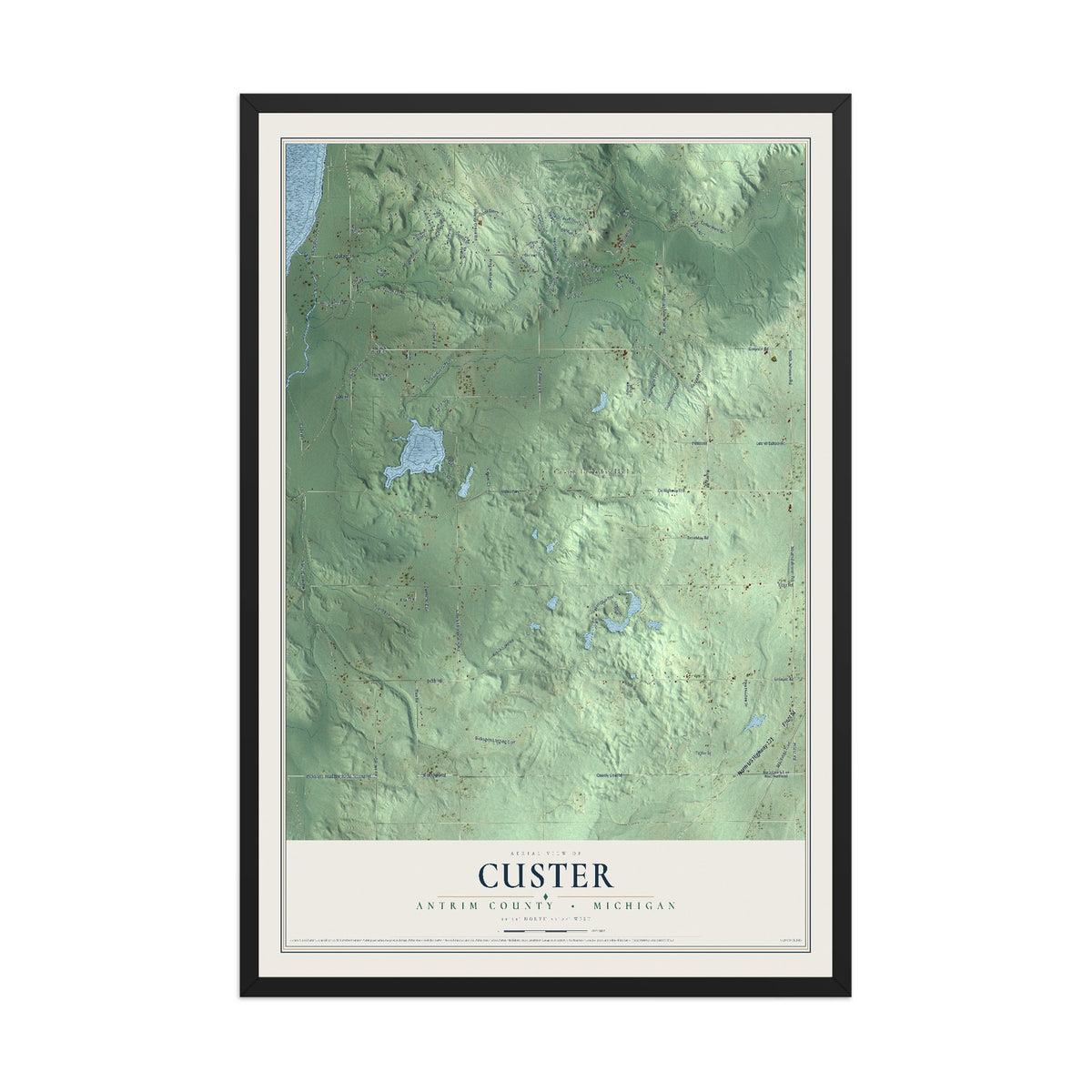 Map of Custer, Antrim County, Michigan, 12 x 18 inch print in a black wood frame