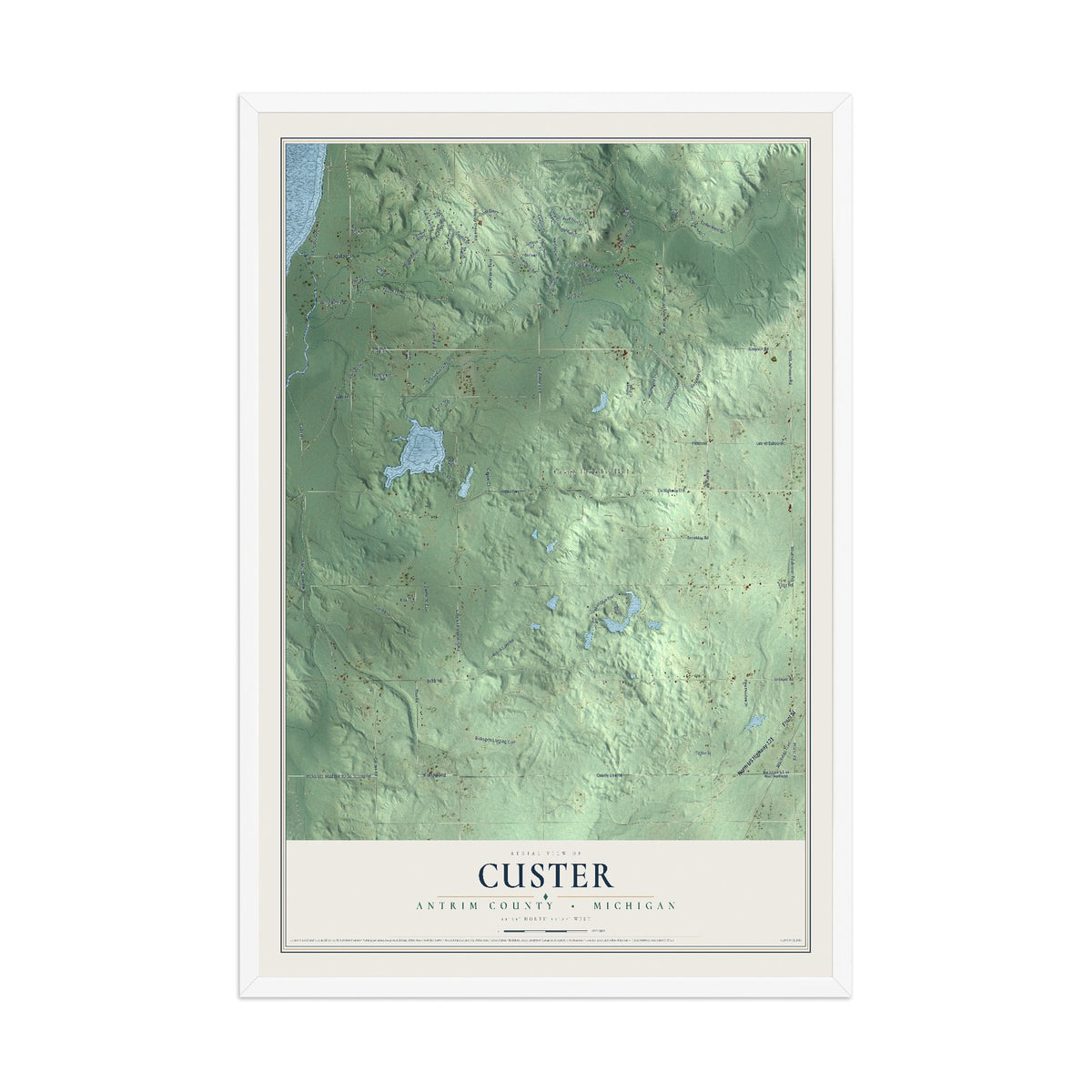 Map of Custer, Antrim County, Michigan, 12 x 18 inch print in a white wood frame